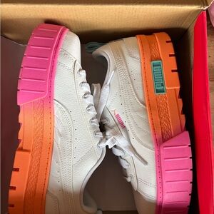 Puma White Sneakers with Pink-to-Orange Gradient Platform